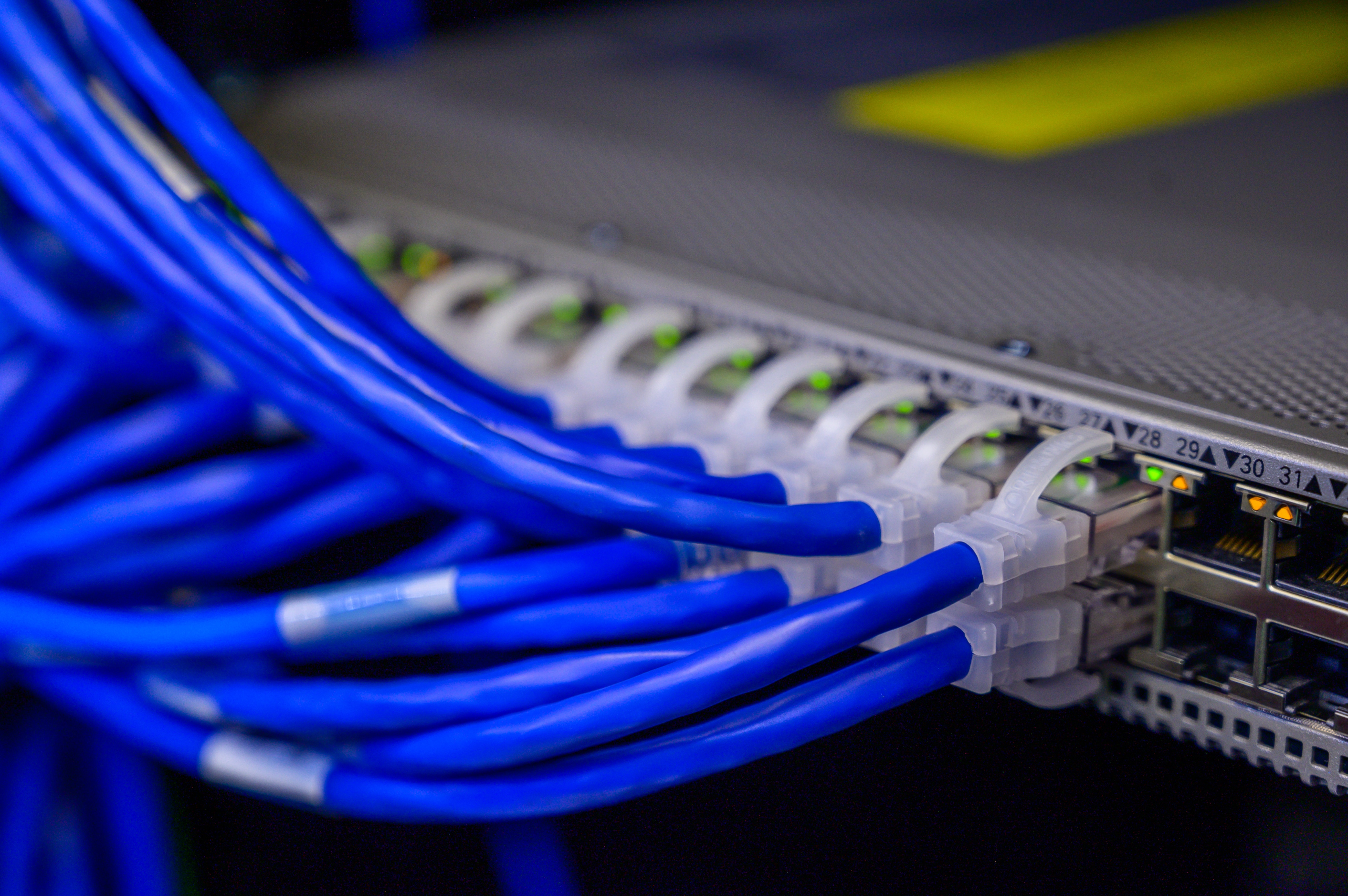 structured cabling installation, cat5 and cat6 cables in a server